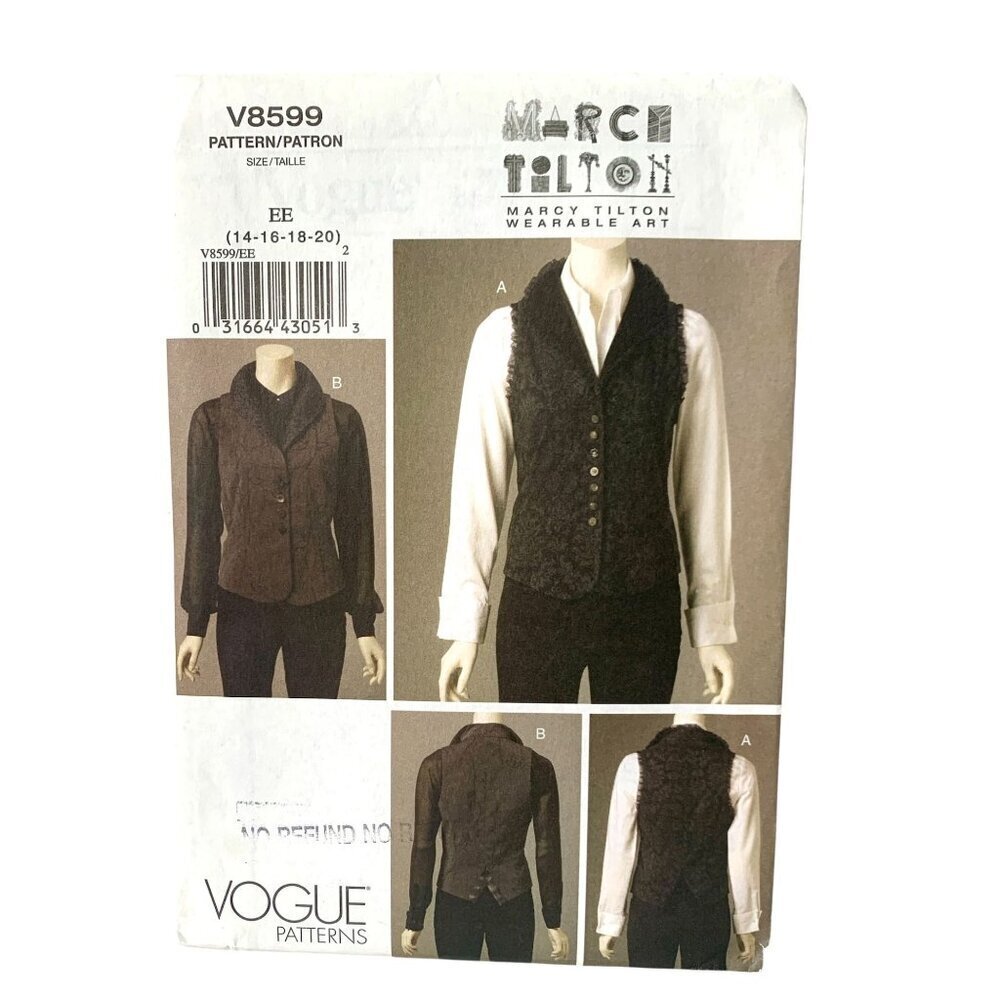Vogue Sewing Pattern V8599  Misses Vest Semi Fitted Unlined Size 14 16 18 20 Eas